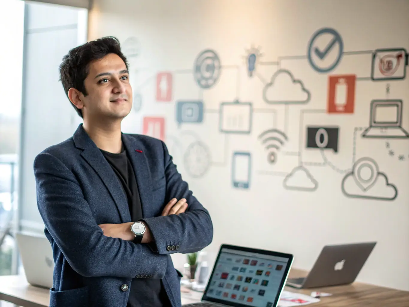 A determined UK entrepreneur is working on a laptop in a modern co-working space, surrounded by sticky notes and business plans, symbolizing strategic planning and focused execution.