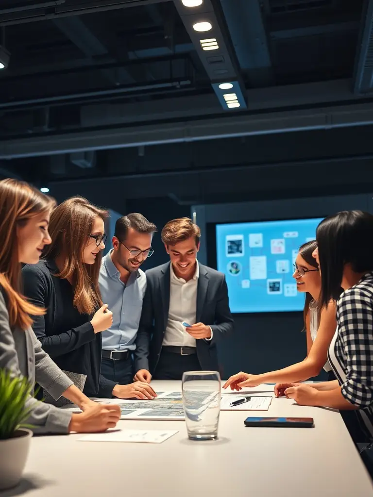 A dynamic image of a startup team brainstorming ideas in a modern office setting, reflecting the energy and collaborative spirit of startup growth coaching.