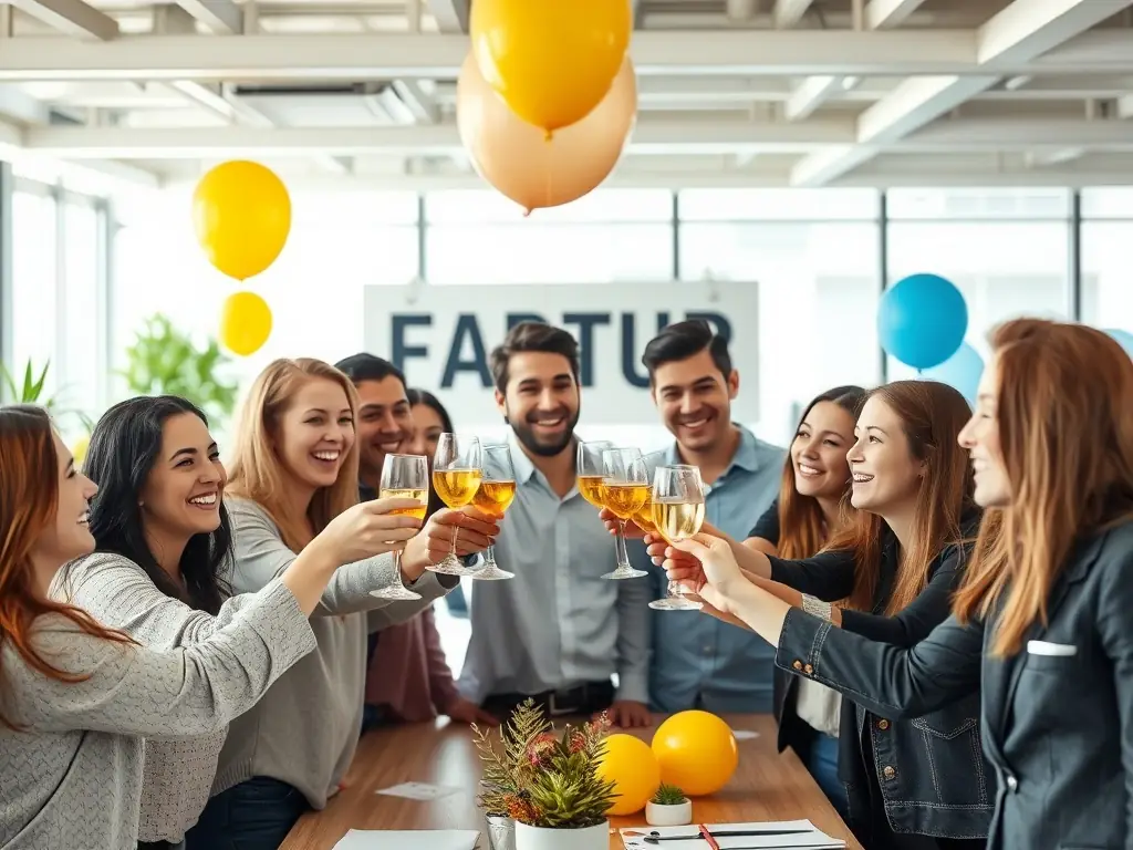 A successful UK entrepreneur is celebrating a milestone achievement with their team, raising glasses in a toast, symbolizing growth, success, and the positive impact of effective coaching.
